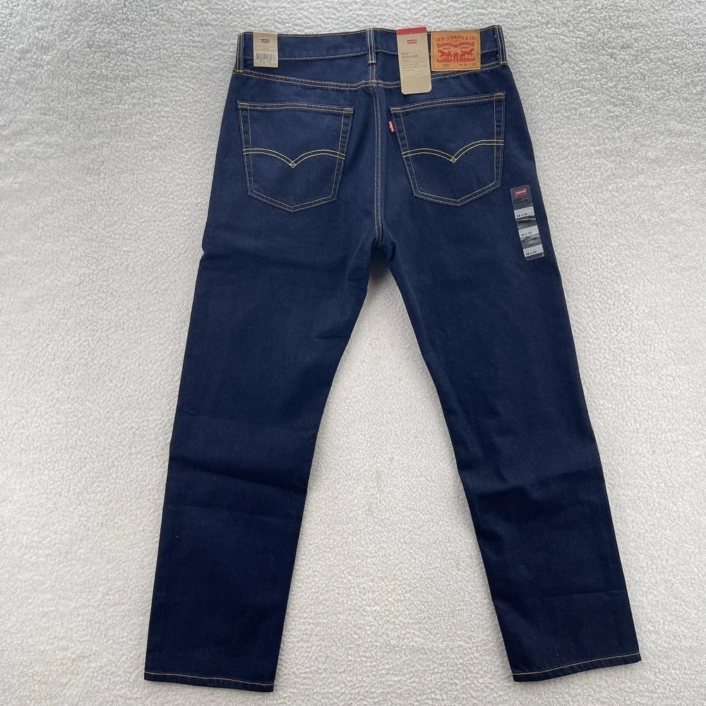 Levis  505 Jeans Mens 36x32 Blue Regular Straight Dark Wash Denim Cowboy NEW